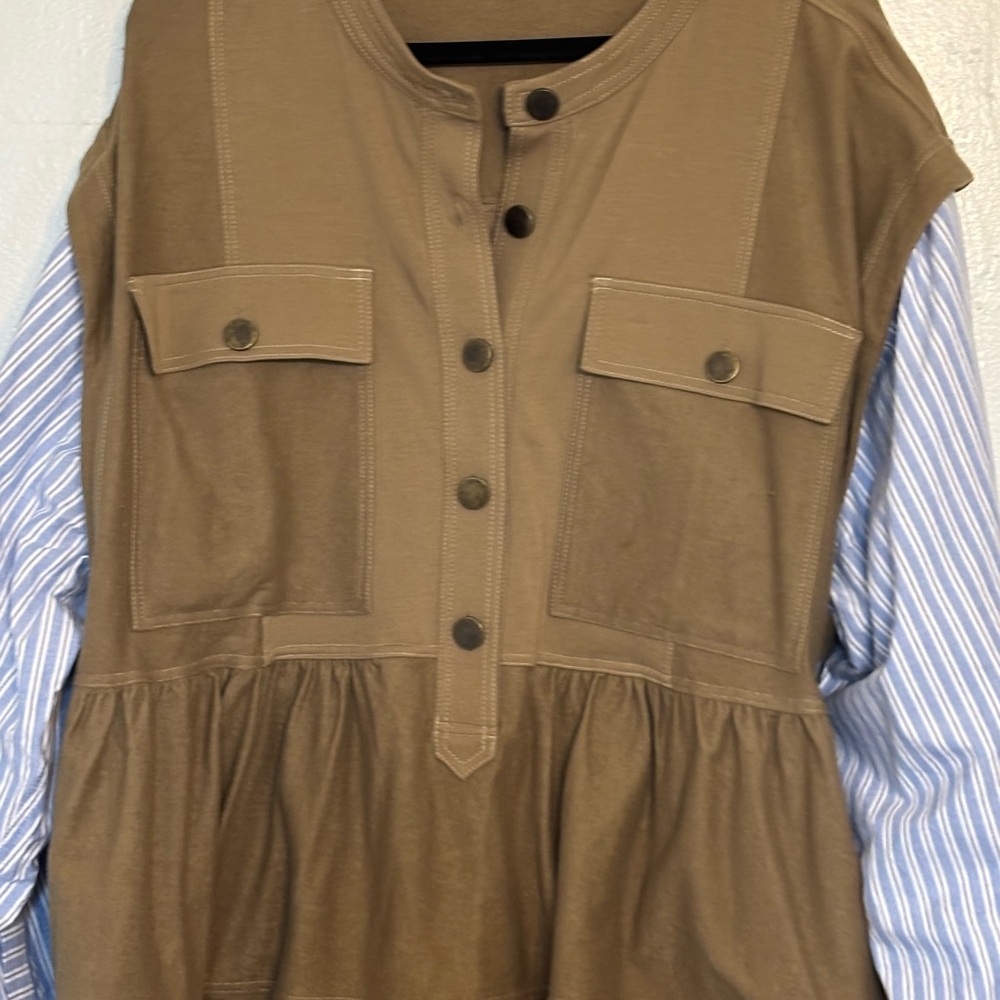 Brown Button-Down Vest with Blue Striped twofer